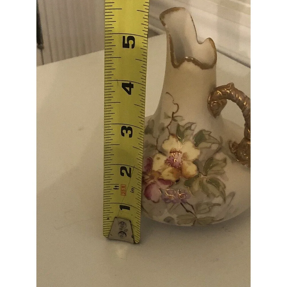 Antique Art Nouveau Ewer Austria Pink Floral Pitcher 5 1/4”h gold Handle